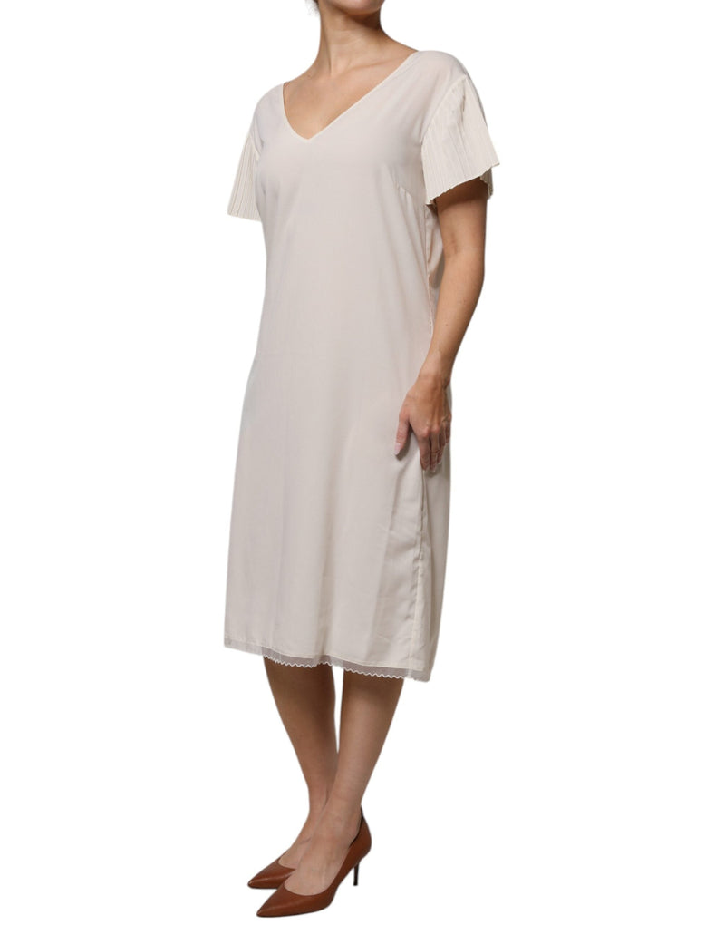 Off White Short Sleeves V-neck Shift Midi Dress Peserico