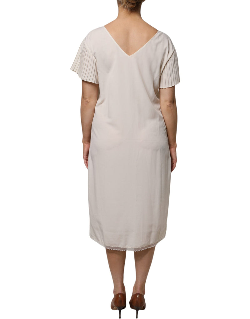 Off White Short Sleeves V-neck Shift Midi Dress Peserico