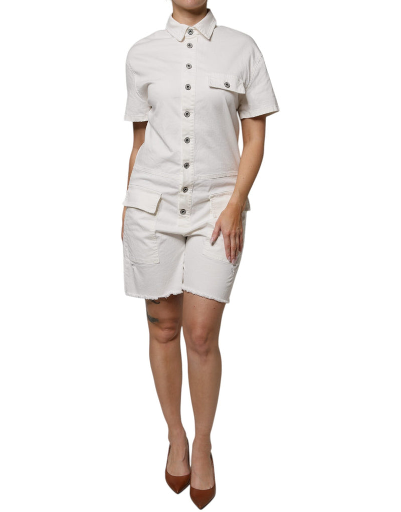 White Cotton Short Sleeves Button Down Romper Dress Please