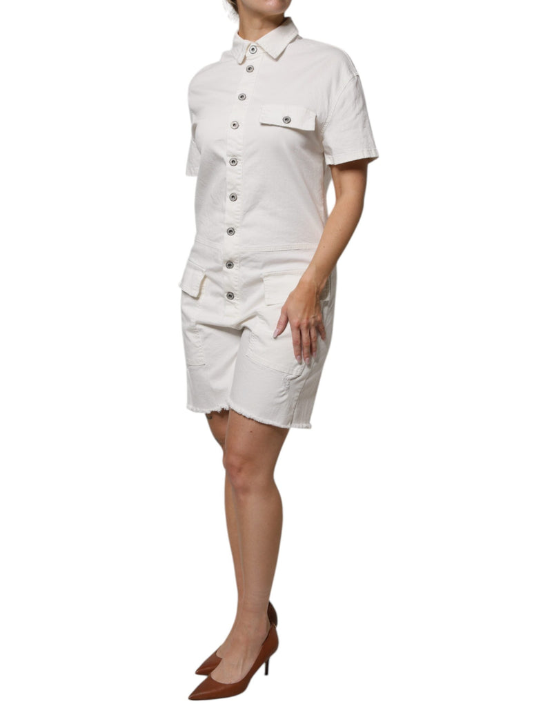White Cotton Short Sleeves Button Down Romper Dress Please