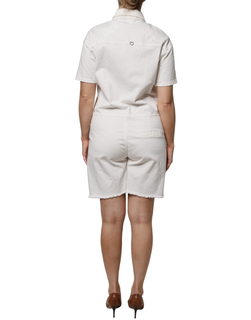 White Cotton Short Sleeves Button Down Romper Dress Please