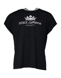Dark Blue Logo Crown Cotton Crew Neck T-shirt Dolce & Gabbana