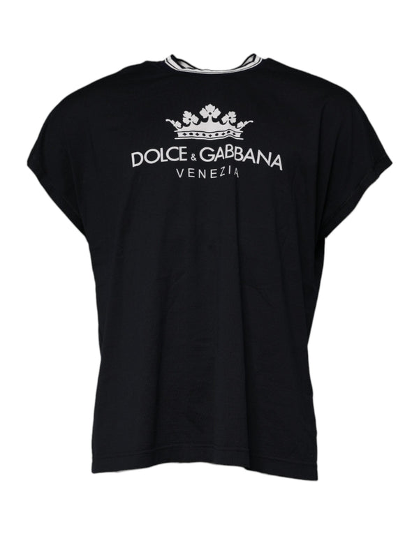 Dark Blue Logo Crown Cotton Crew Neck T-shirt Dolce & Gabbana