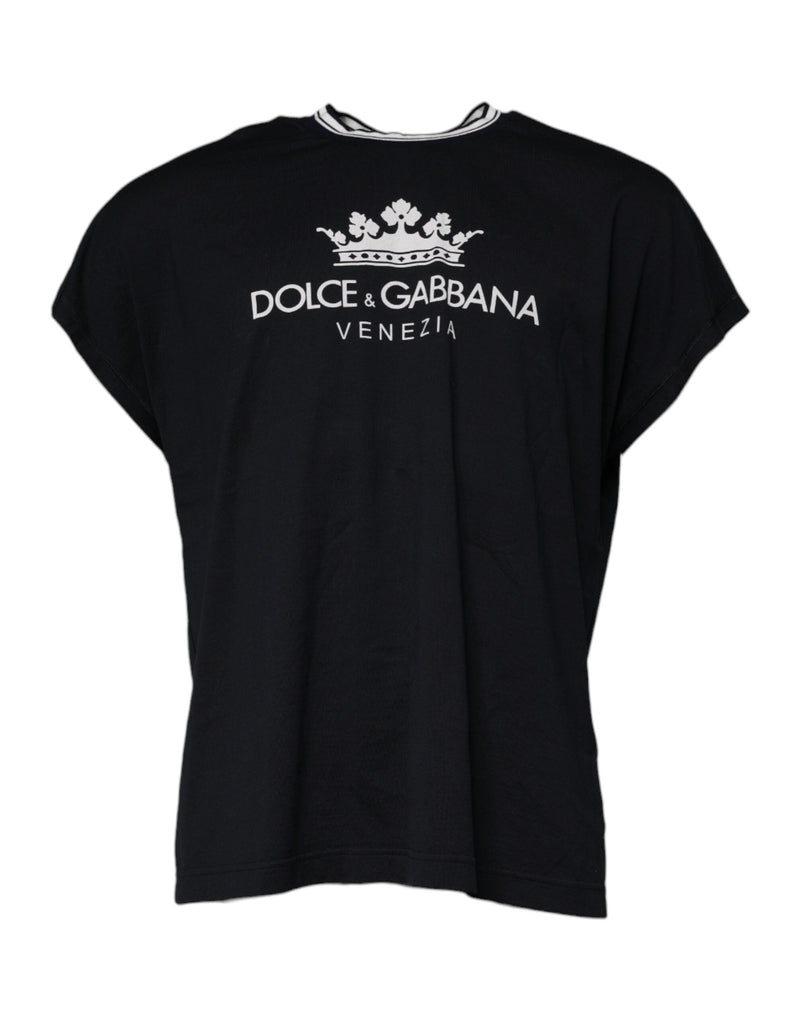 Dark Blue Logo Crown Cotton Crew Neck T-shirt Dolce & Gabbana
