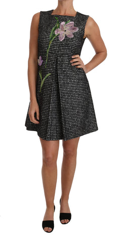 Elegant Gray Mini A-Line Dress with Purple Tulip Dolce & Gabbana