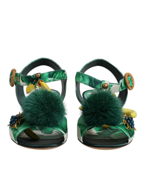 Green Crystal Fur Embellished Sandals Shoes Dolce & Gabbana