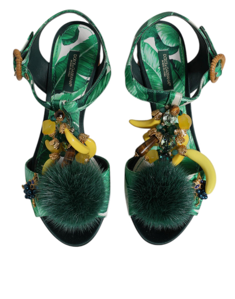 Green Crystal Fur Embellished Sandals Shoes Dolce & Gabbana