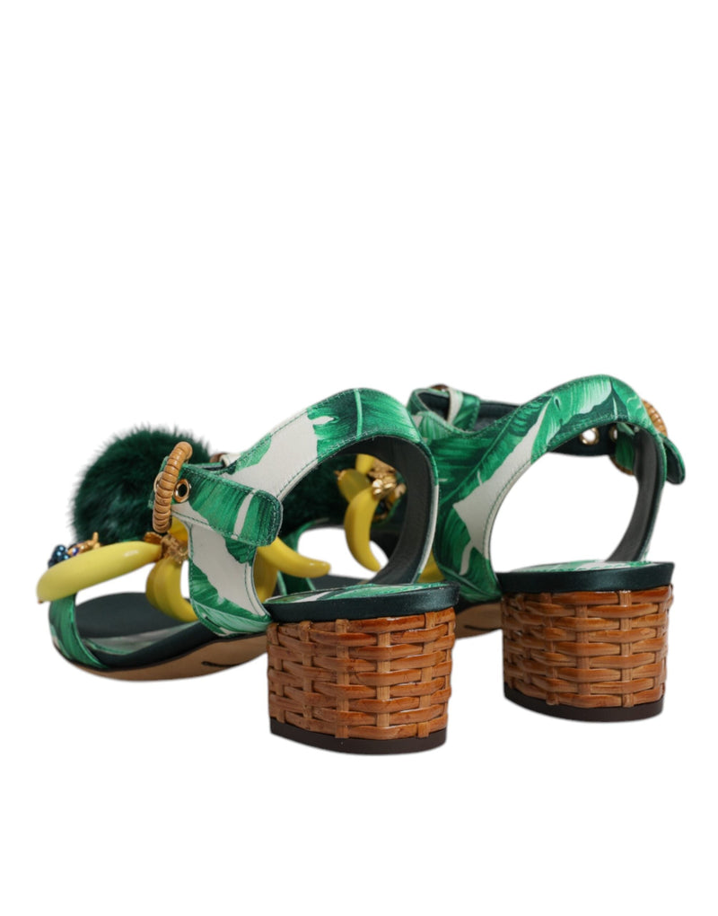 Green Crystal Fur Embellished Sandals Shoes Dolce & Gabbana