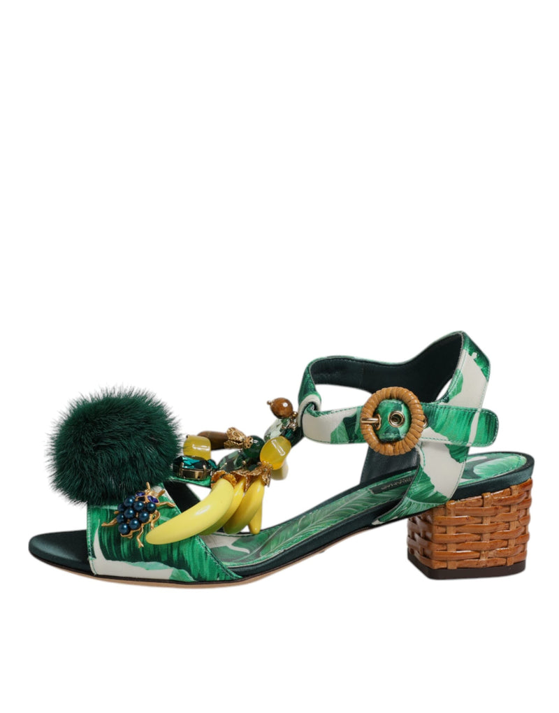 Green Crystal Fur Embellished Sandals Shoes Dolce & Gabbana