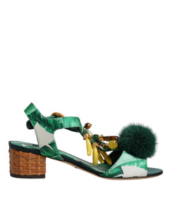 Green Crystal Fur Embellished Sandals Shoes Dolce & Gabbana