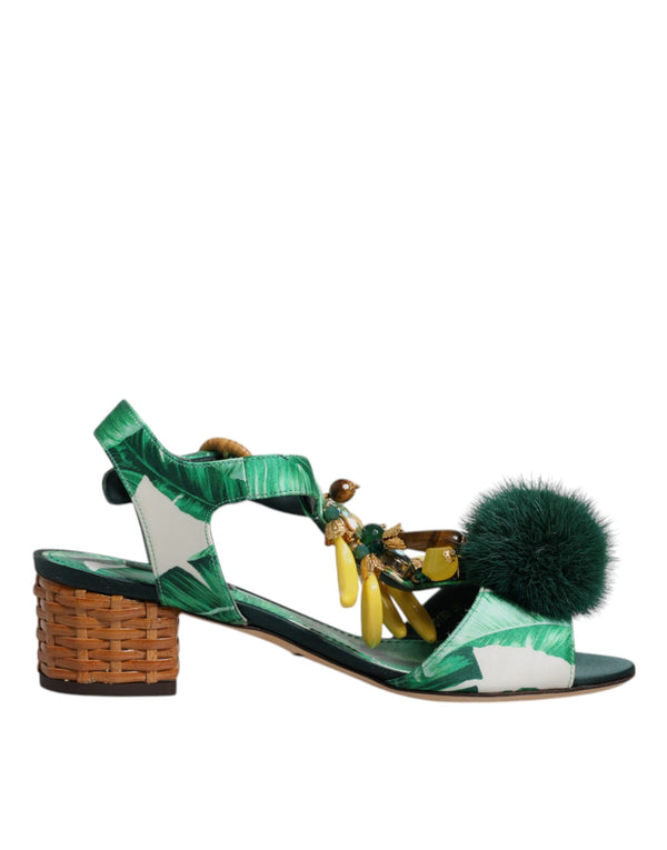 Green Crystal Fur Embellished Sandals Shoes Dolce & Gabbana