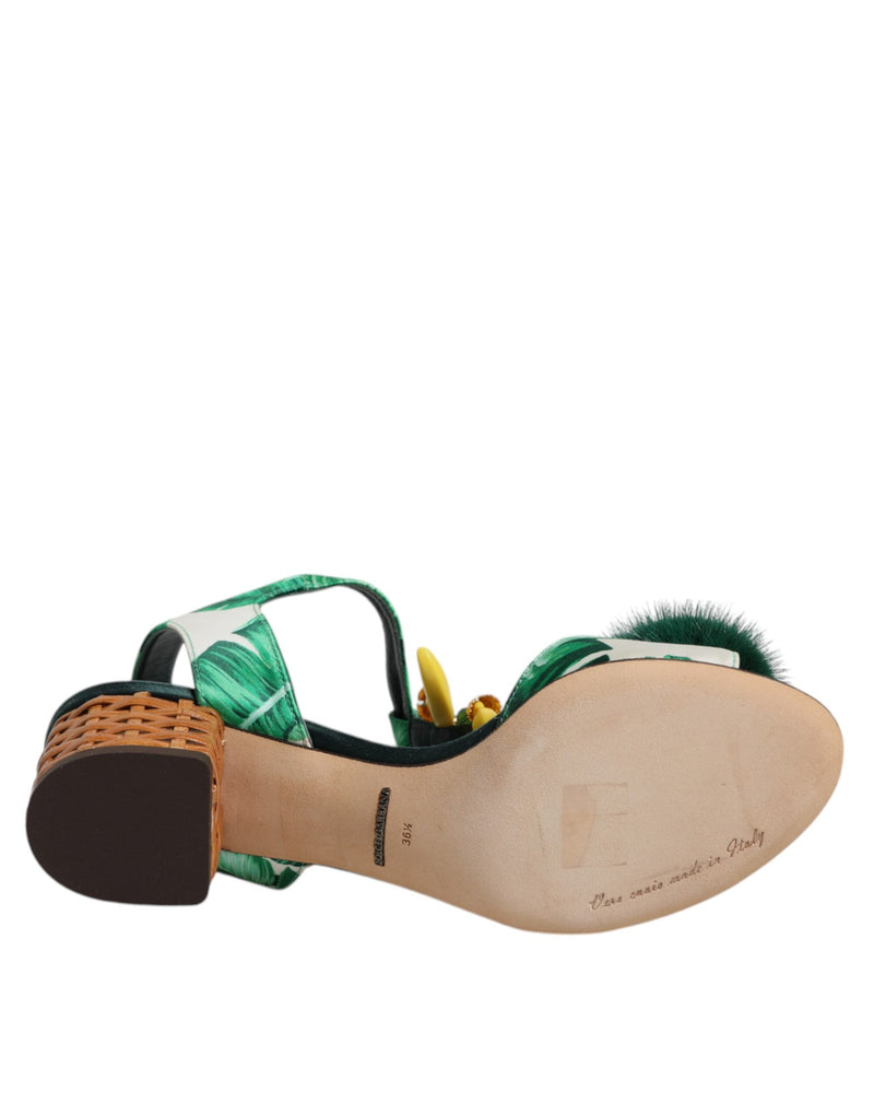 Green Crystal Fur Embellished Sandals Shoes Dolce & Gabbana