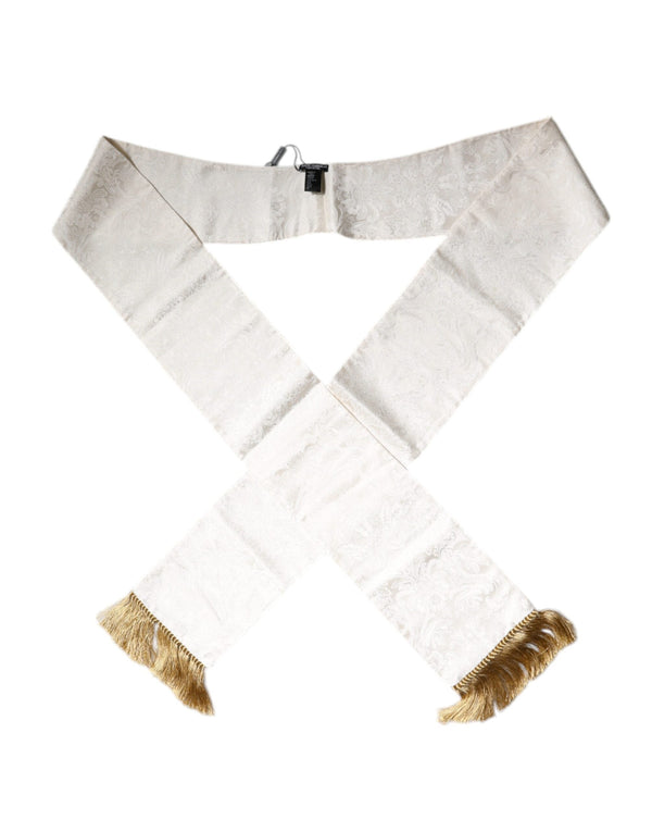 White Floral Jacquard Skinny Fringes Scarf Dolce & Gabbana