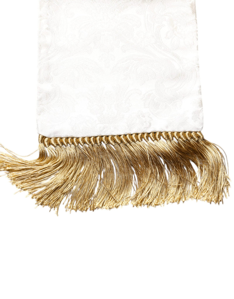 White Floral Jacquard Skinny Fringes Scarf Dolce & Gabbana