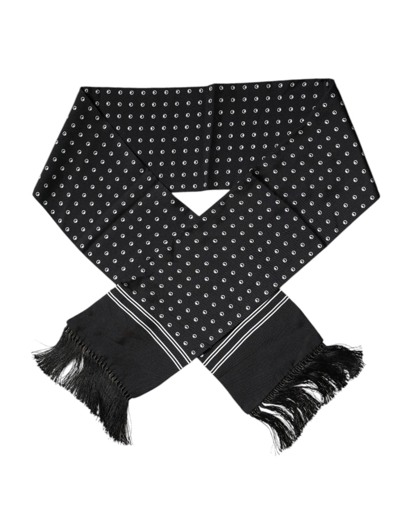 Black White Polka Dotted Silk Skinny Fringes Scarf Dolce & Gabbana