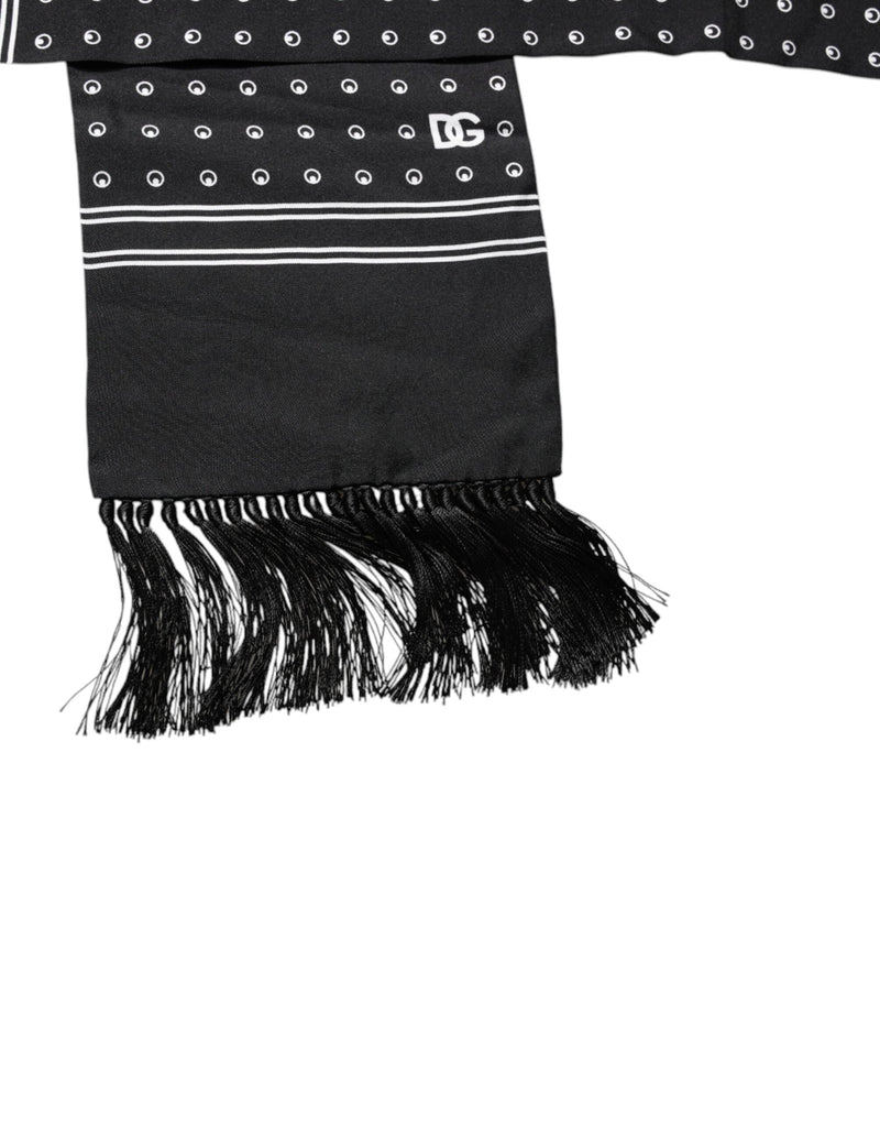 Black White Polka Dotted Silk Skinny Fringes Scarf Dolce & Gabbana