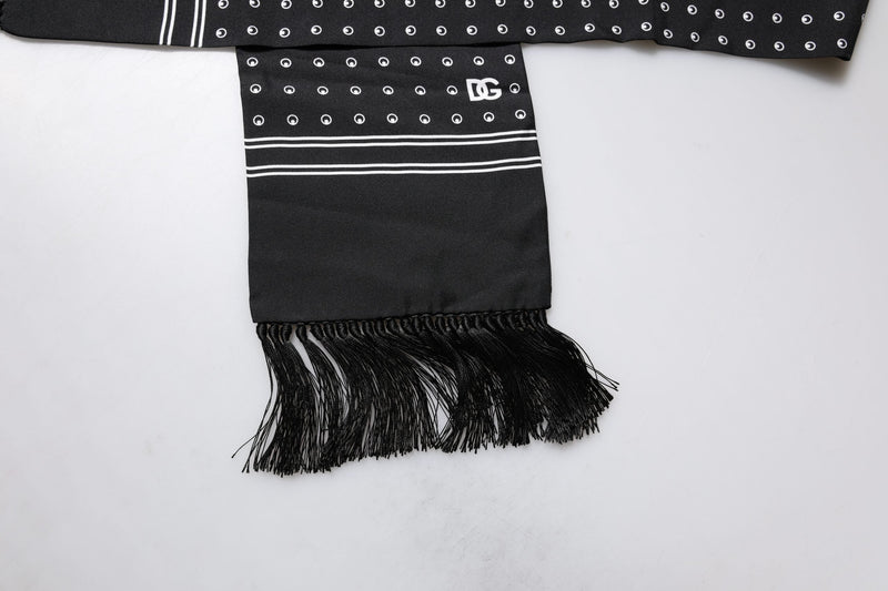 Black White Polka Dotted Silk Skinny Fringes Scarf Dolce & Gabbana