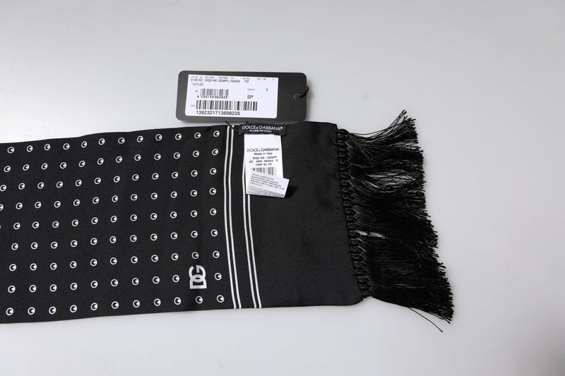 Black White Polka Dotted Silk Skinny Fringes Scarf Dolce & Gabbana
