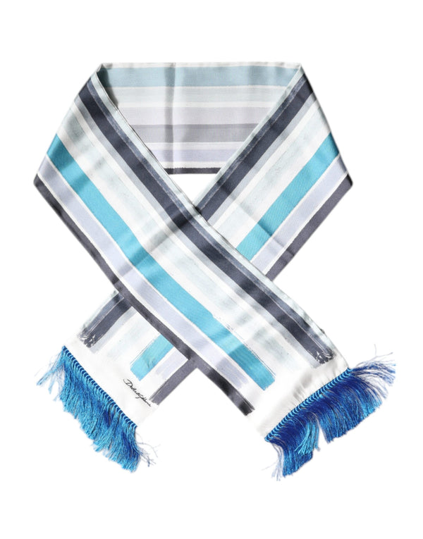 White Blue Stripes Silk Fringes Wrap Scarf Dolce & Gabbana