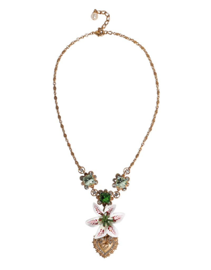 Gold Brass Lily Crystal Sacred Heart Pendant Necklace Dolce & Gabbana