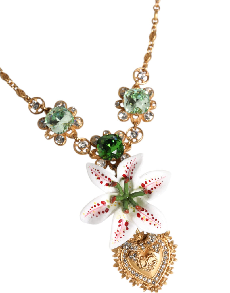 Gold Brass Lily Crystal Sacred Heart Pendant Necklace Dolce & Gabbana