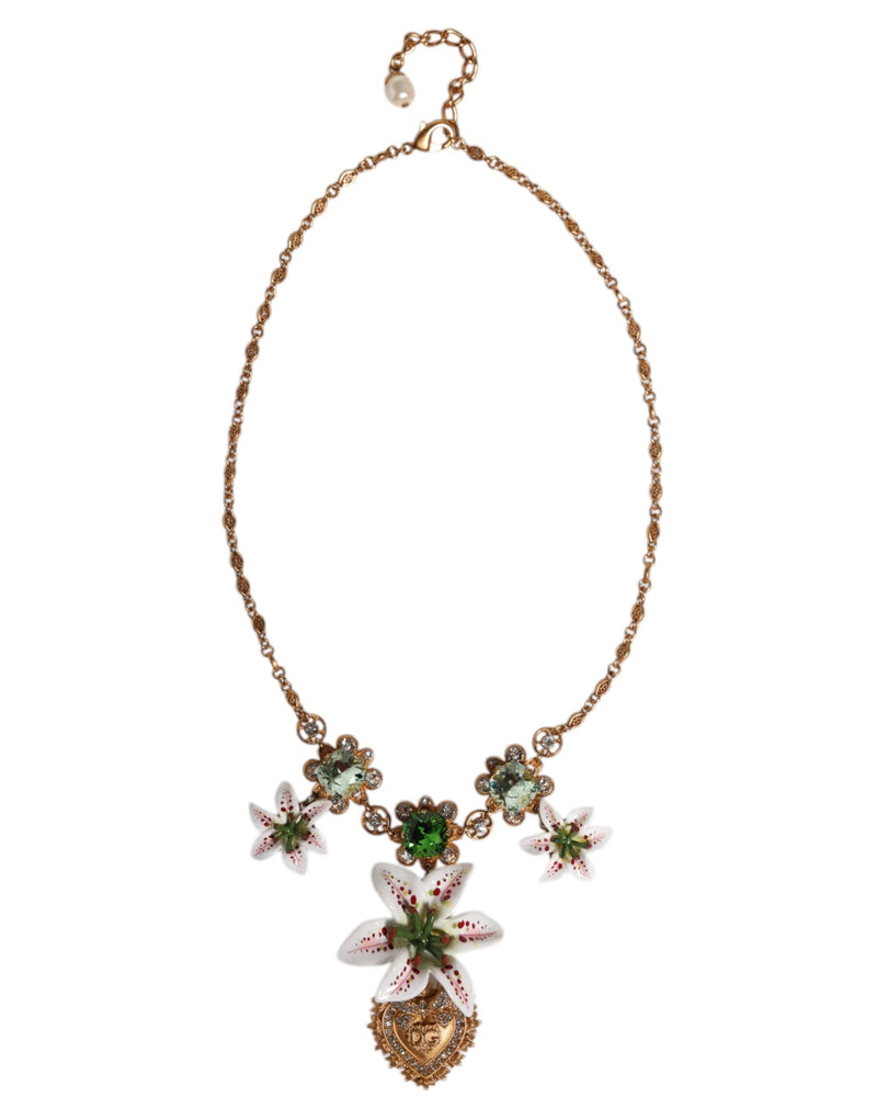 Gold Brass Lily Crystal Sacred Heart Pendant Necklace Dolce & Gabbana