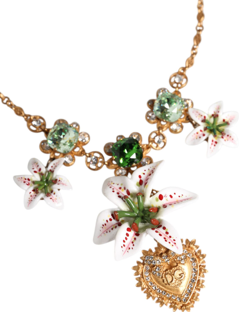 Gold Brass Lily Crystal Sacred Heart Pendant Necklace Dolce & Gabbana