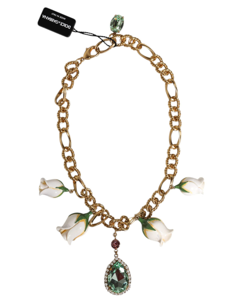 Gold Brass Short Chain Flower Crystal Pendant Necklace Dolce & Gabbana