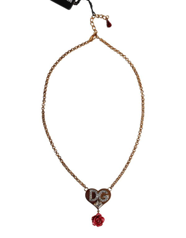 Gold Brass Cuore Heart Rose Crystal Embellished Necklace Dolce & Gabbana