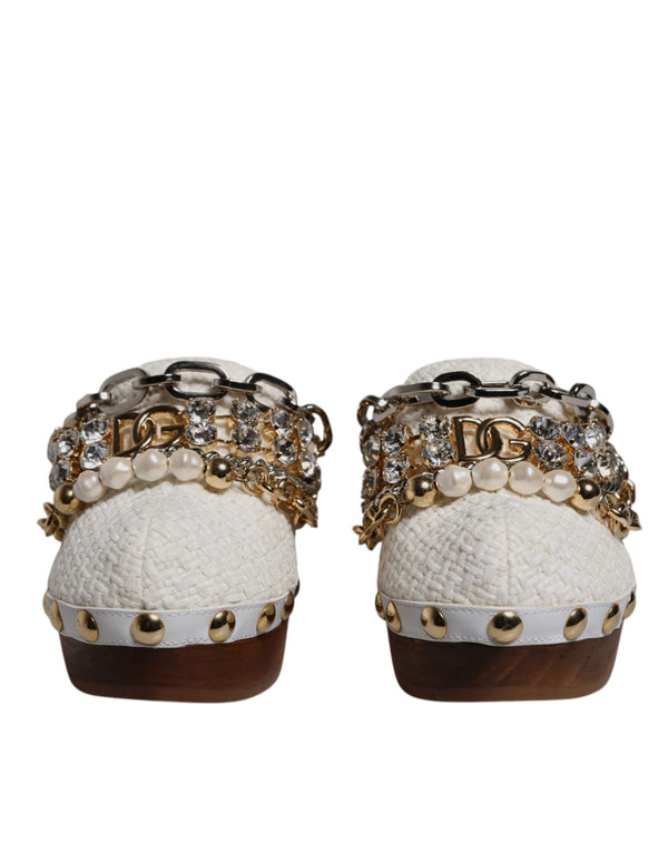 White Raffia Clogs Bejeweled Chain Sandals Shoes Dolce & Gabbana