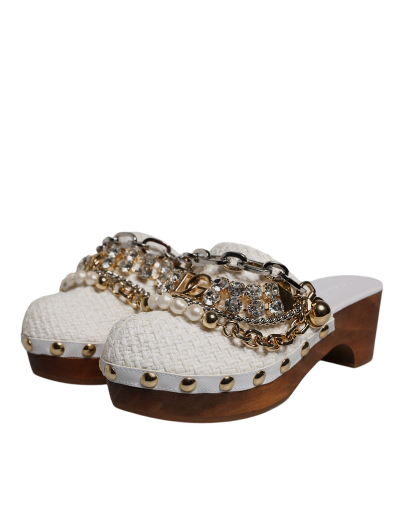 White Raffia Clogs Bejeweled Chain Sandals Shoes Dolce & Gabbana
