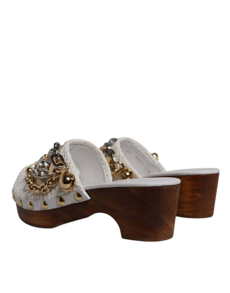 White Raffia Clogs Bejeweled Chain Sandals Shoes Dolce & Gabbana