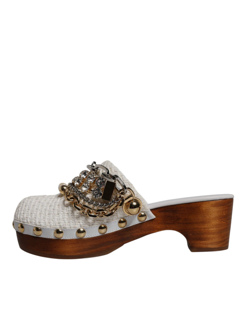 White Raffia Clogs Bejeweled Chain Sandals Shoes Dolce & Gabbana