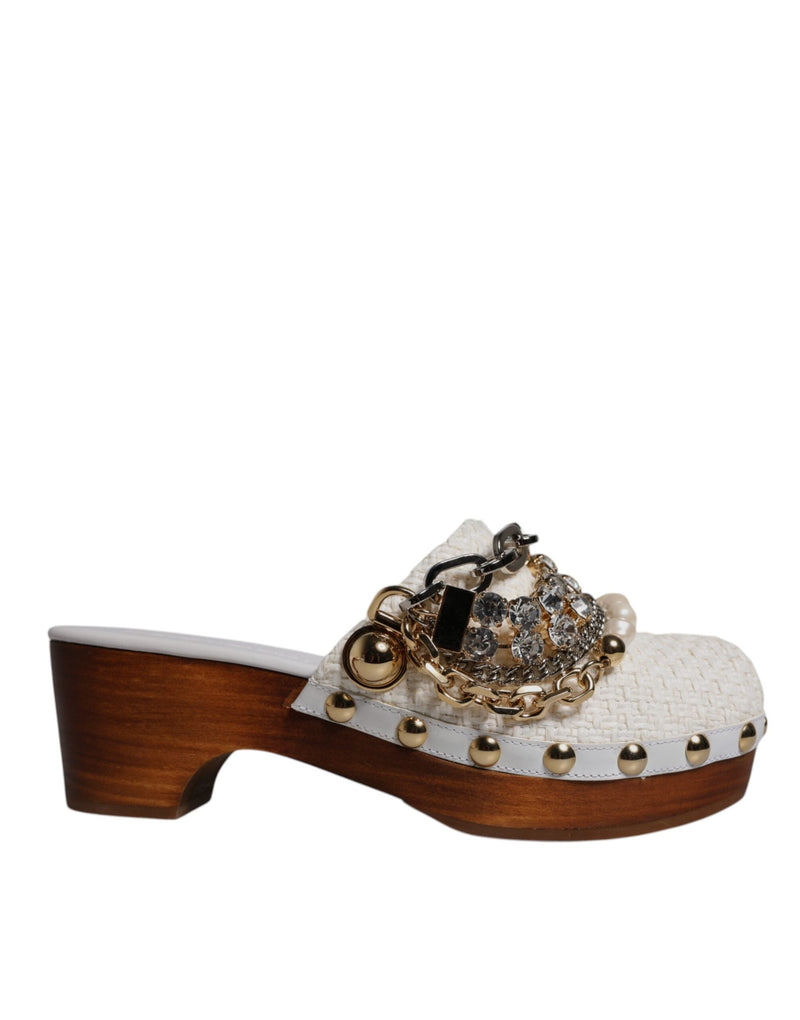 White Raffia Clogs Bejeweled Chain Sandals Shoes Dolce & Gabbana
