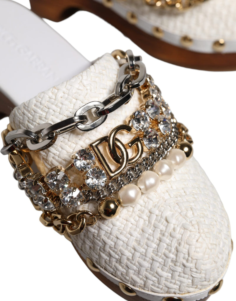 White Raffia Clogs Bejeweled Chain Sandals Shoes Dolce & Gabbana