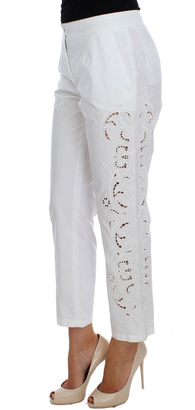 Elegant White Floral Cutout Dress Pants Dolce & Gabbana