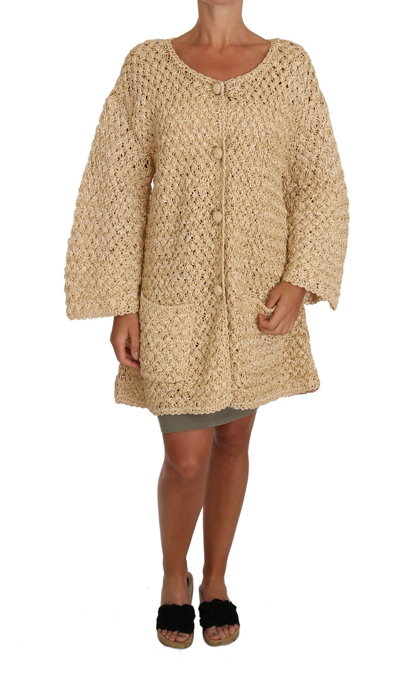 Chic Beige Crochet Knitted Raffia Cardigan Dolce & Gabbana