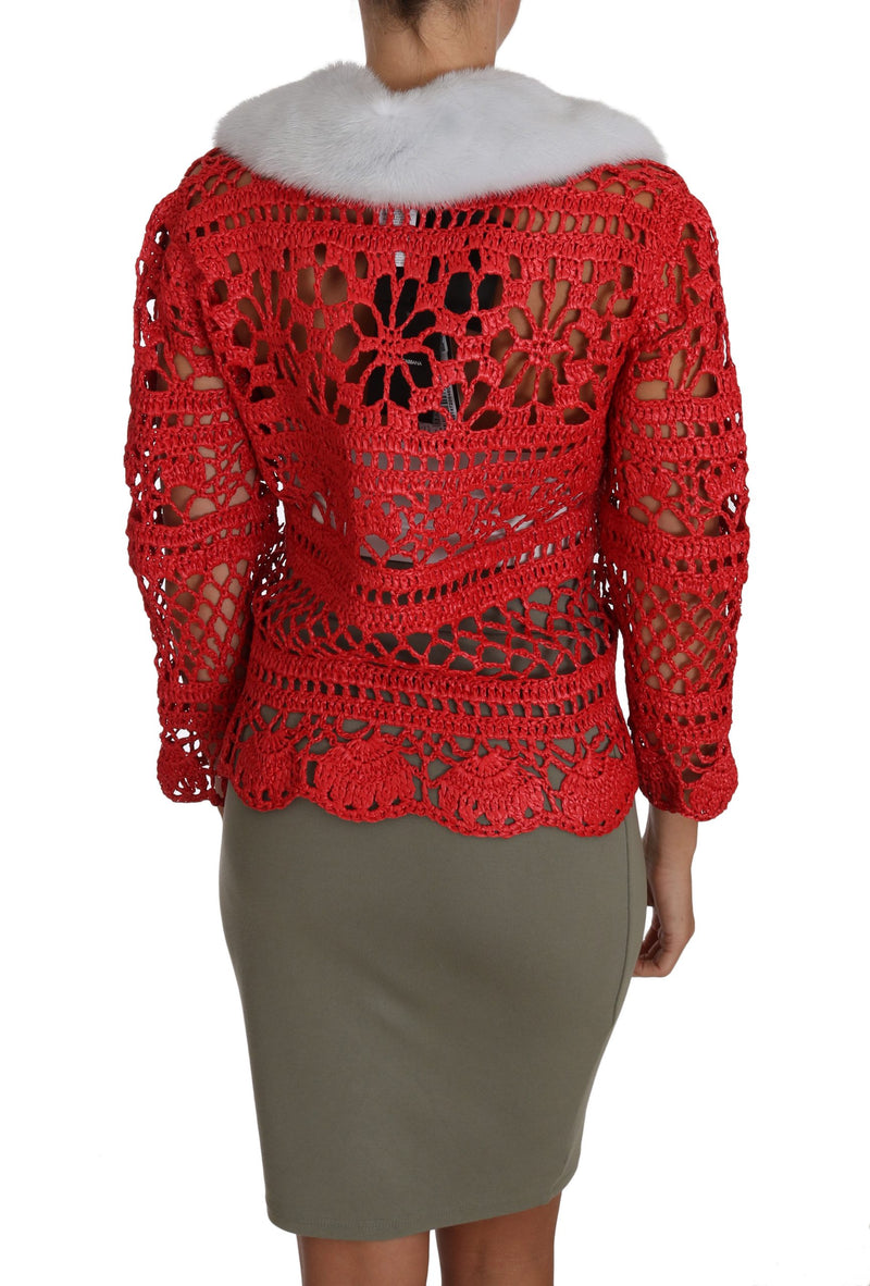 Elegant Red Crochet Knit Cardigan with Fur Collar Dolce & Gabbana