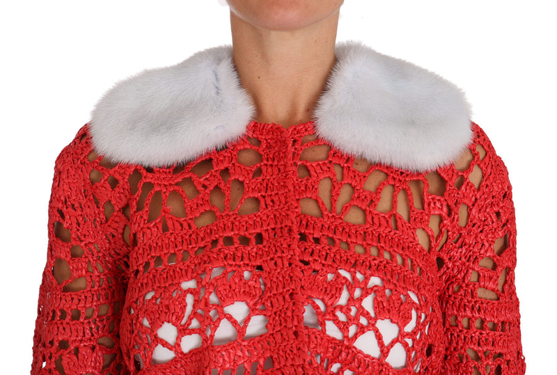 Elegant Red Crochet Knit Cardigan with Fur Collar Dolce & Gabbana