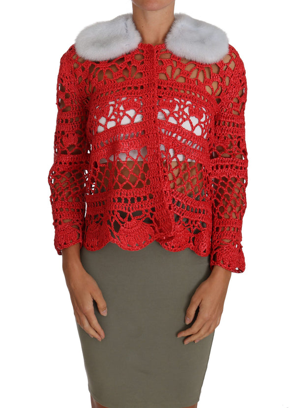 Elegant Red Crochet Knit Cardigan with Fur Collar Dolce & Gabbana