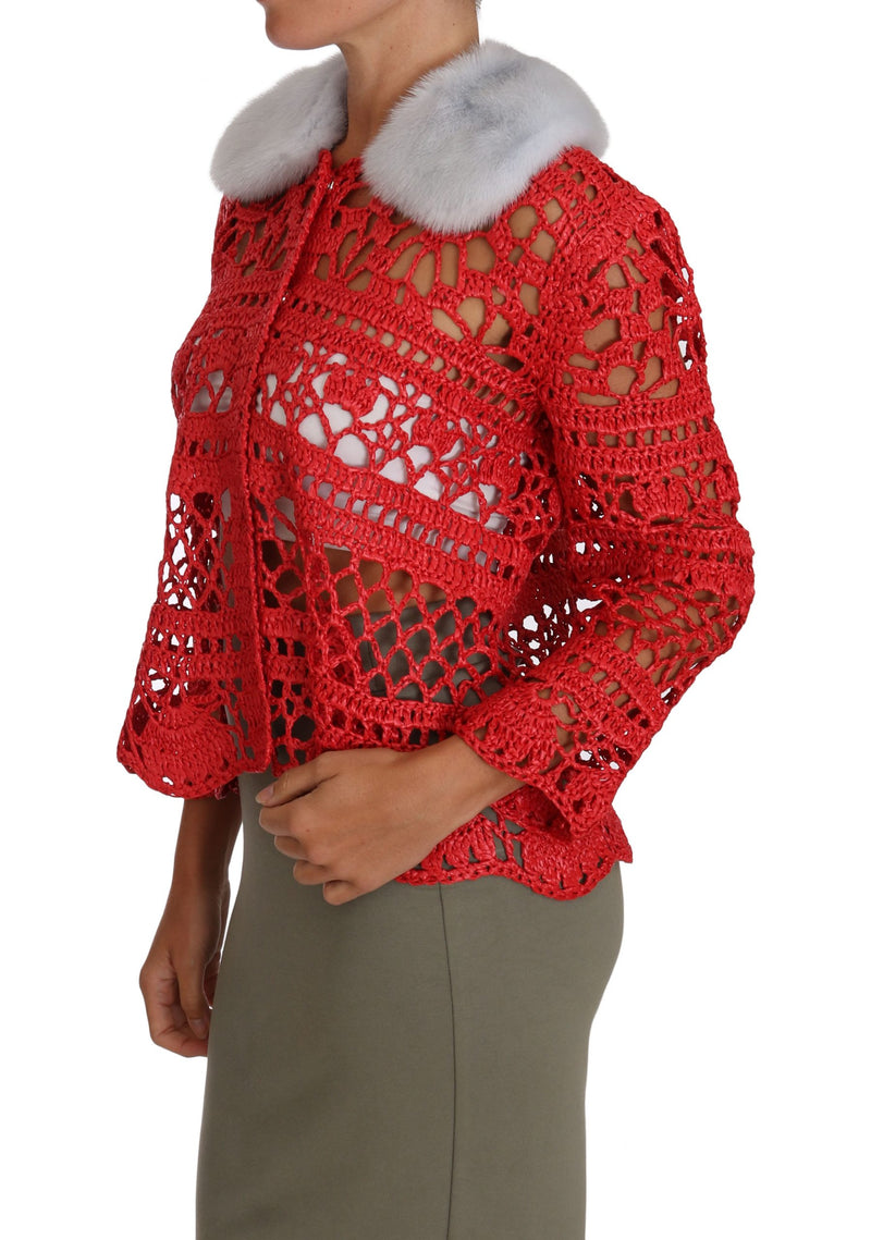 Elegant Red Crochet Knit Cardigan with Fur Collar Dolce & Gabbana