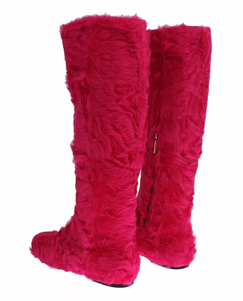 Pink Lamb Fur Leather Flat Boots Shoes Dolce & Gabbana