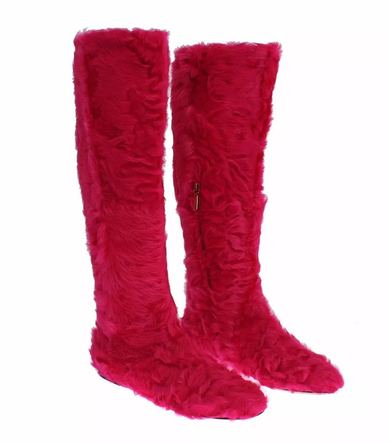 Pink Lamb Fur Leather Flat Boots Shoes Dolce & Gabbana