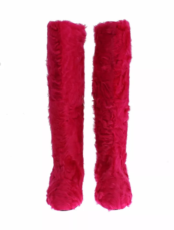 Pink Lamb Fur Leather Flat Boots Shoes Dolce & Gabbana