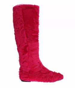 Pink Lamb Fur Leather Flat Boots Shoes Dolce & Gabbana