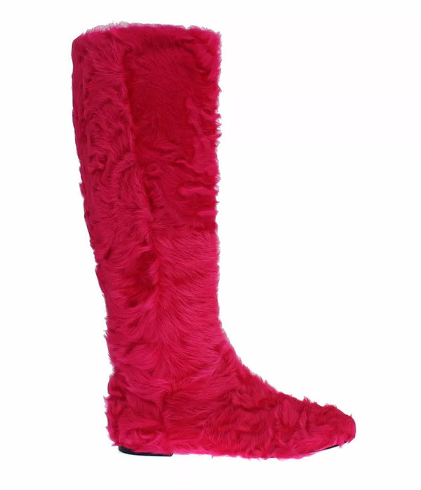 Pink Lamb Fur Leather Flat Boots Shoes Dolce & Gabbana