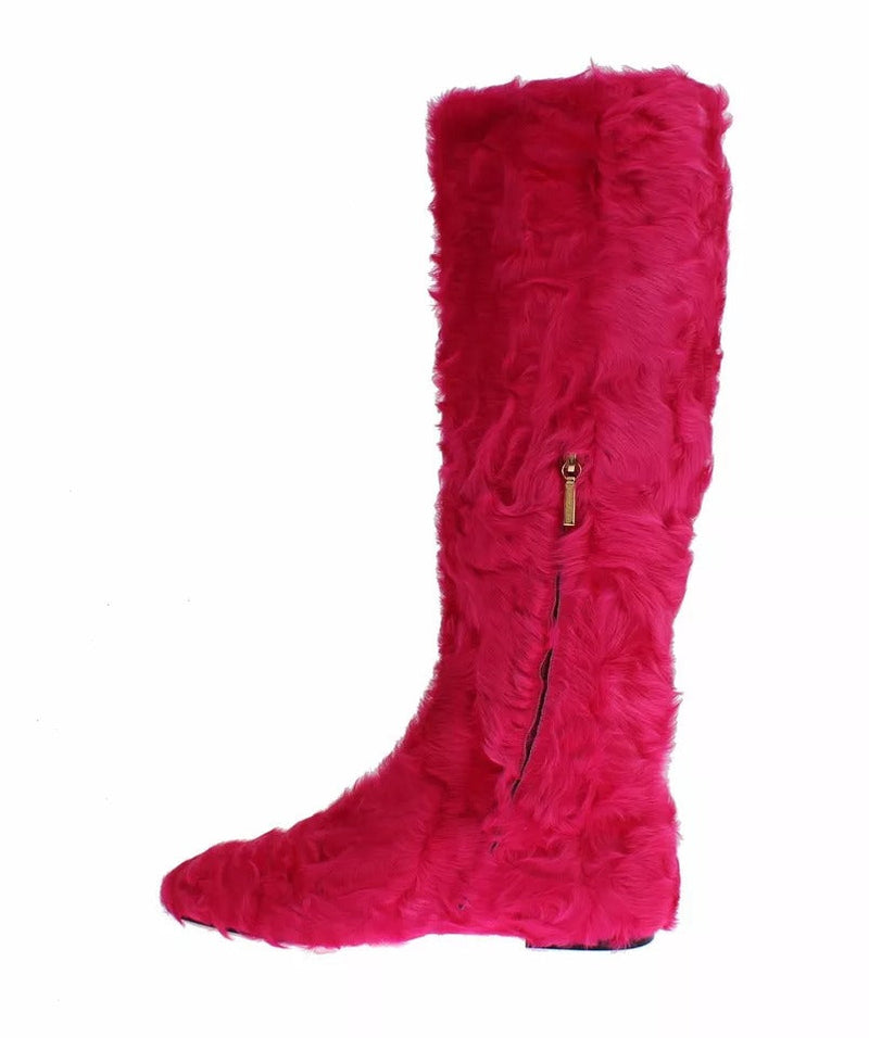 Pink Lamb Fur Leather Flat Boots Shoes Dolce & Gabbana