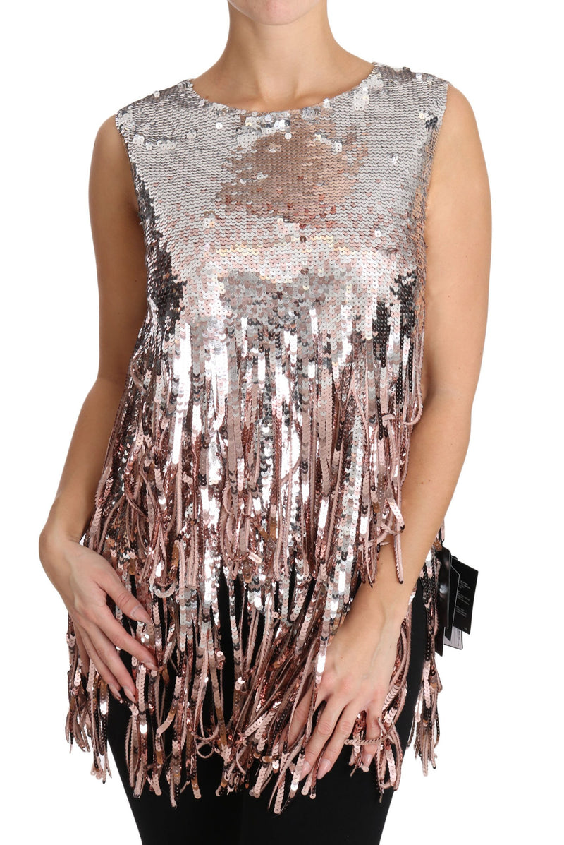 Golden Pink Sequined Fringe Elegance Top Dolce & Gabbana