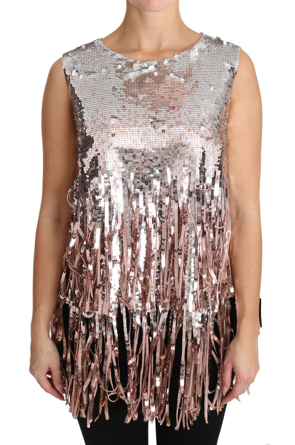 Golden Pink Sequined Fringe Elegance Top Dolce & Gabbana