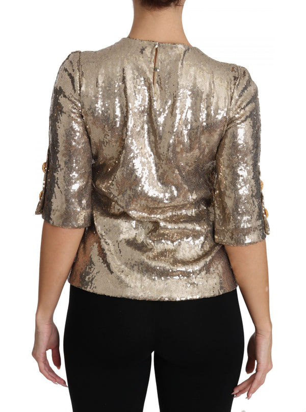 Gold Parrot Motif Crewneck Blouse with Crystals Dolce & Gabbana